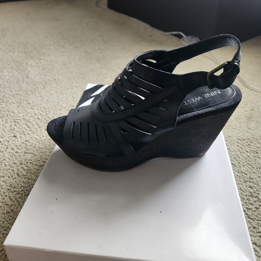 Nine West Black Strappy Slingback Wedges